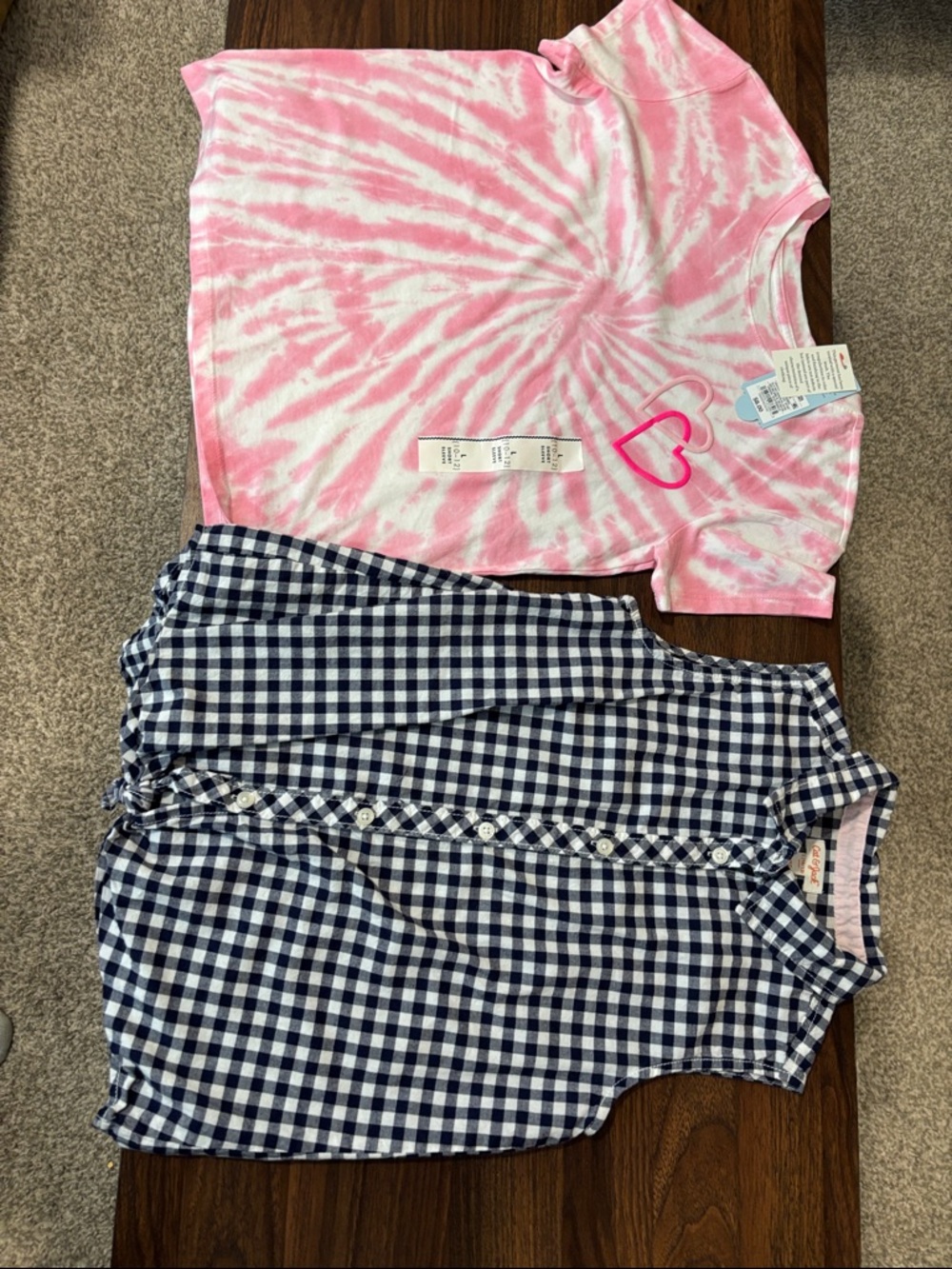 Cat and Jack  Pink Tie-Dye Heart Tee & Navy Gingham button up sleeveless top.
